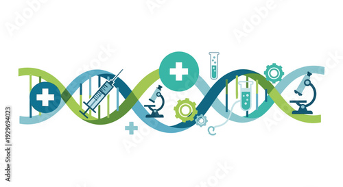 Genetic Research & Healthcare Innovation Concept with DNA Helix, Medical and Science Icons