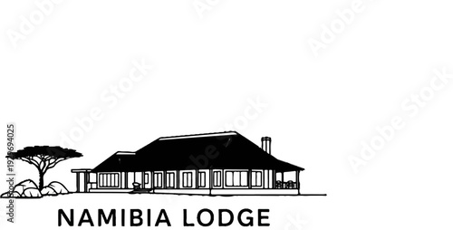 An artistic black and white line drawing shows a lodge with a thatched roof and a large acacia tree