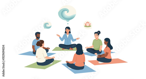 Mindful Meditation Group: Diverse Individuals Practicing Yoga and Seeking Inner Peace & Calm
