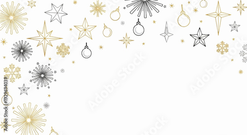 Festive stars and snowflakes adorn a clean, white background with hanging baubles