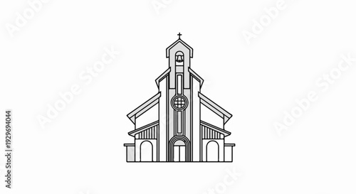 Stylized illustration of a church with a bell tower and arched entrances