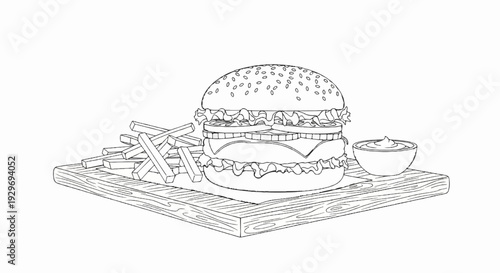 A hand-drawn sketch of a double-patty burger with fries and dipping sauce