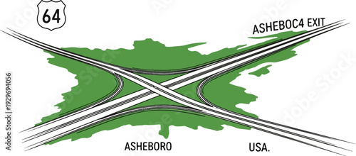 Overhead view of a highway interchange for US Route 64 near Asheboro, USA