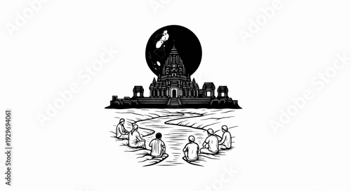 A contemplative gathering by a flowing river before a majestic, moonlit temple