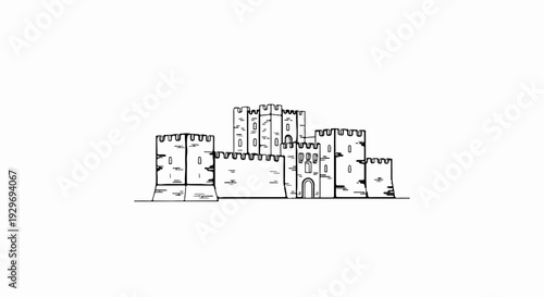A monochrome line drawing depicts a fortified castle with crenellated walls and multiple towers