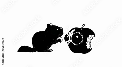 A cartoon black squirrel and a bitten apple with large cartoon eyes confront each other