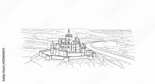 Detailed ink sketch of a grand castle perched on a hill overlooking a winding road and rolling landscape