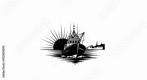 Fishing boat sails toward shore at sunrise, with city skyline in background