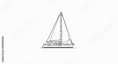 A black and white line drawing of a sailing catamaran on a white background