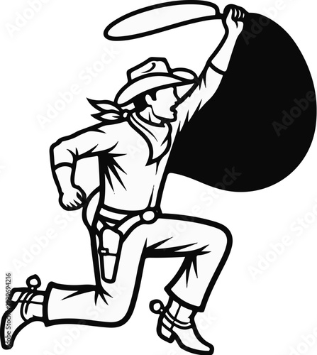 A cowboy in motion, swinging a lasso with a holster and spurs