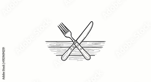 Hand-drawn crossed fork and knife over rustic wooden planks