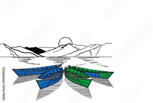 Stylized boats on calm water reflect distant mountains and setting sun