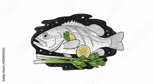 Detailed illustration of a whole fish served with lemon slices and celery