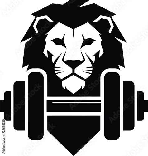 A strong lion logo with a dumbbell represents fitness and strength.