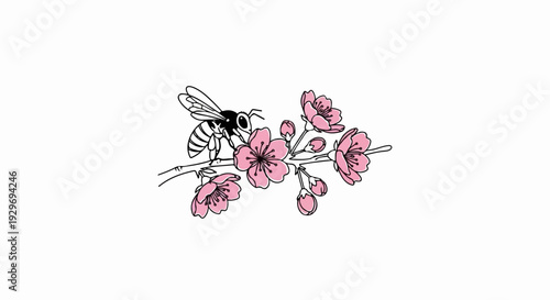 A striped insect rests on a delicate branch adorned with pink blossoms and buds