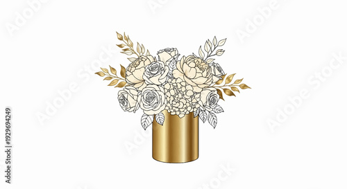 Elegant arrangement of cream and gold flowers in a metallic gold vase