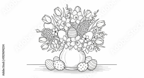 Black and white illustration of a vase filled with tulips, daffodils, hyacinths, and decorated Easter eggs