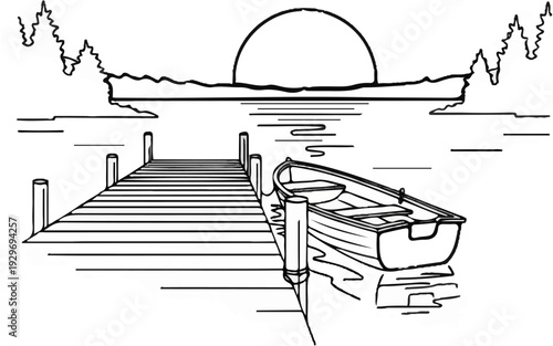 A serene sunset over a calm lake with a wooden dock and a rowboat