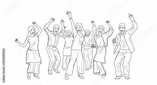 Group of joyful people with raised arms celebrating in a lively dance