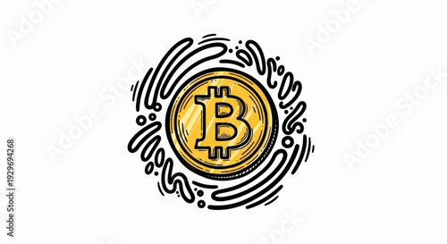 Hand-drawn golden coin with a stylized 'B' symbol at its center, encircled by abstract black lines