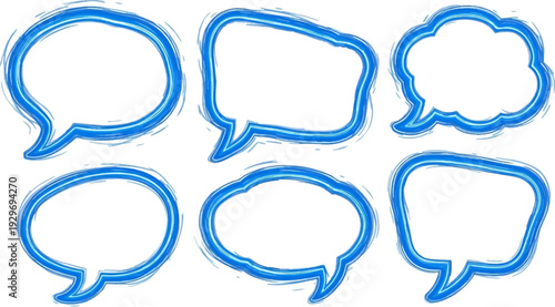 Six artistic blue speech and thought bubbles rendered with a textured, brushstroke effect