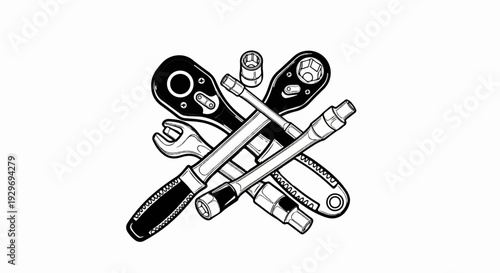 A collection of assorted mechanical tools, including ratchets and sockets, are displayed