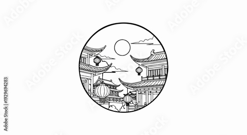 Circular illustration of traditional East Asian architecture with lanterns under a moonlit sky