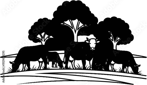Herd of cows grazing near trees in a pastoral countryside landscape