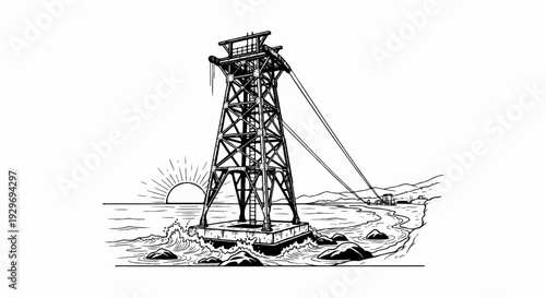 Sketch of a large tower structure on water near a coast with a sunrise