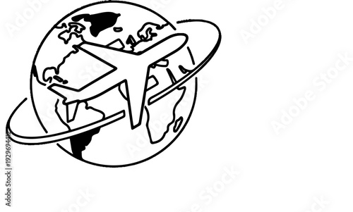 A stylized airplane orbits a black and white globe with continents visible