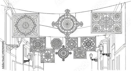 Ornate decorative panels and street lamps adorn an architectural street scene