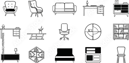 A collection of line art illustrations of various furniture items