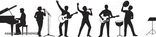 Black silhouettes of diverse musicians and singers performing together with piano acoustic guitar electric guitar and drums isolated on a white background for concerts