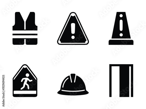 Six hard hat PPE risk alert black and white safety and warning symbols set including vest helmet cone sign and door