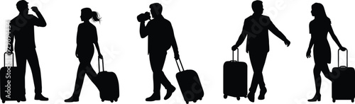 Black silhouettes featuring diverse men and women travelers walking and carrying suitcases and rolling luggage isolated on white background for travel and tourism concepts
