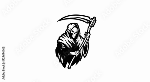 Grim reaper figure in black and white, holding a scythe, with skull face