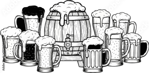 A wooden barrel overflows with foamy beer, surrounded by many overflowing mugs
