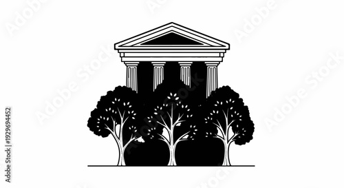 Classical facade with columns and pediment behind silhouetted trees