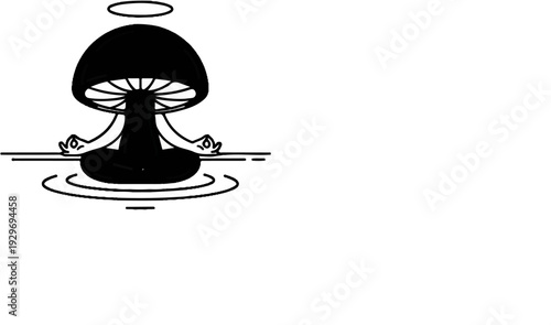 A black mushroom with a halo meditates in a lotus position on water
