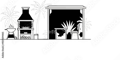 Outdoor barbecue and seating area with palm trees and lush foliage