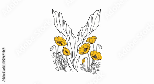 Stylized yellow poppies bloom amidst broad leaves with delicate linework