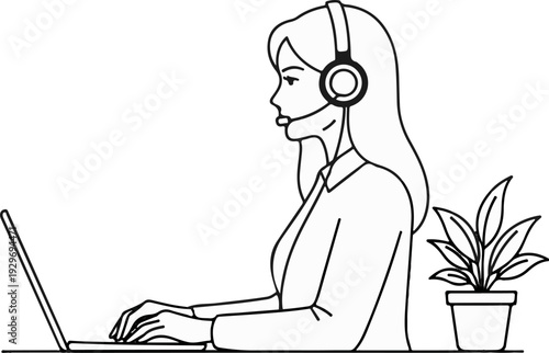 Person with headset and laptop, seated at desk next to potted plant