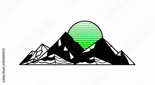 Stylized mountain range with a green, striped sun setting behind it