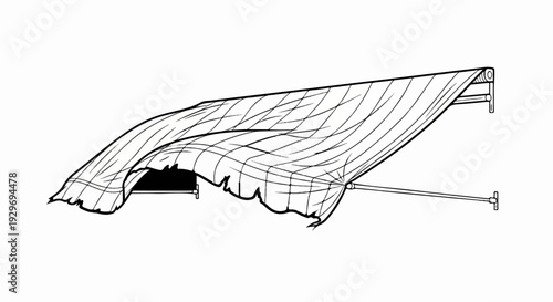 A black and white illustration shows a retractable awning with a wrinkled fabric canopy