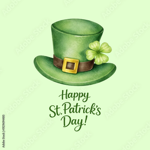 Watercolor illustration of a traditional green leprechaun hat decorated with a gold buckle and four leaf clover, isolated on transparent background. Festive St. Patrick’s Day design with hand-lettered