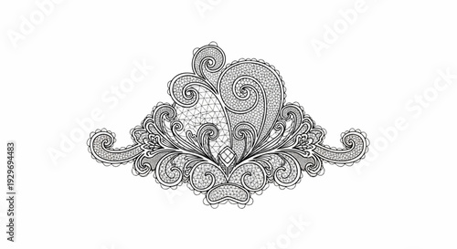 Intricate black and white ornamental design with swirling filigree and textured fills
