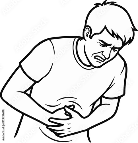 Man in t-shirt clutches stomach in pain, grimacing