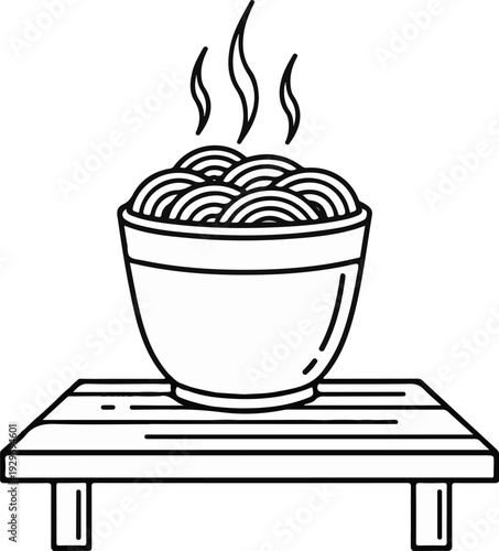 A steaming bowl of noodles rests on a wooden stand