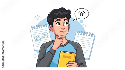 Young man thinking with a notepad conceptual illustration of ideas