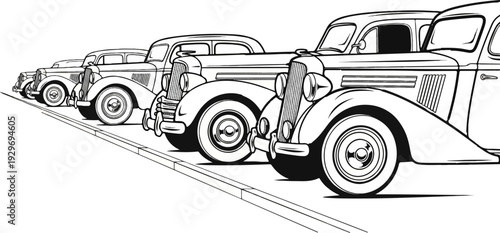 A line of vintage cars parked roadside with distinct grilles and fenders